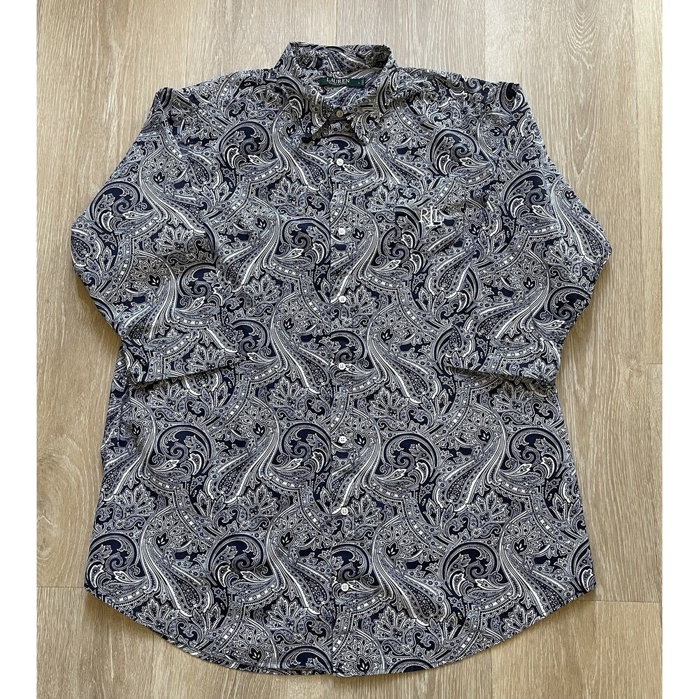 Ralph Lauren Large Navy White Paisley Print Button Up 3/4 Sleeve Sleep Wear